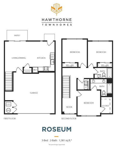A floor plan for a Hawthorne Townhomes property showing two different floor plans.